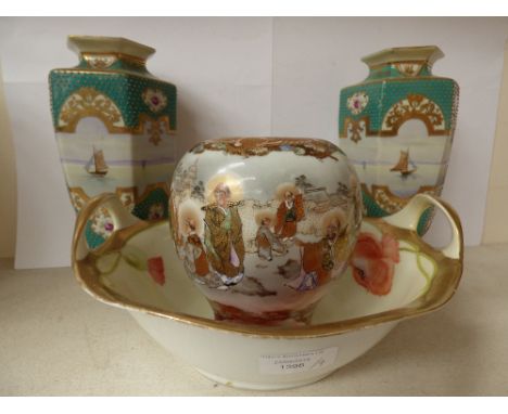 A pair of Edwardian Noritake (24 cm high approx) hexagonal vases with hand painted boating scenes; together with a raised glo