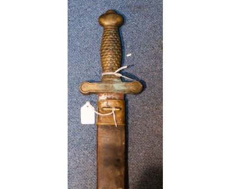 Sword in leather scabbard with fish scale design handle.