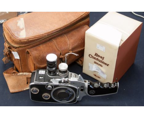 A cased Bolex paillard camera, complete with leather case; together with a reel container 206 (2) 