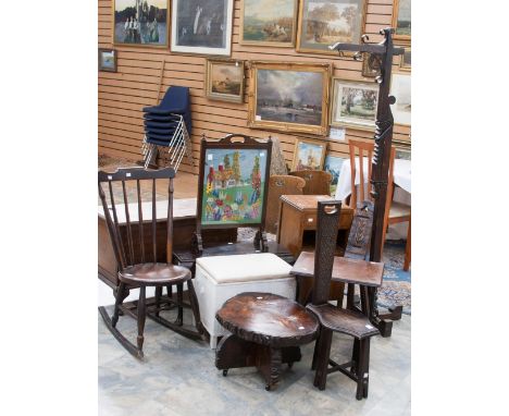 A needlework firescreen, a linen box, a bedside cabinet, a hanging basket stand, two hall stools, table, coffee table, small 