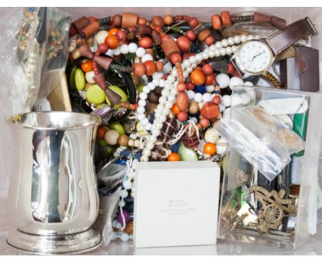 A box of costume jewellery including hematite necklace, cufflinks, brooches, necklaces, tankard etc