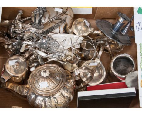 Victorian style tea pot EPNS tea service, cutlery including Derby Posies etc and a good quantity of cast silver plated figuri