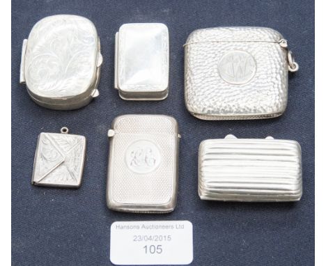 A silver square hammered vesta case, a rectangular engine turned vesta case and a silver envelope stamp case, etc (6) 