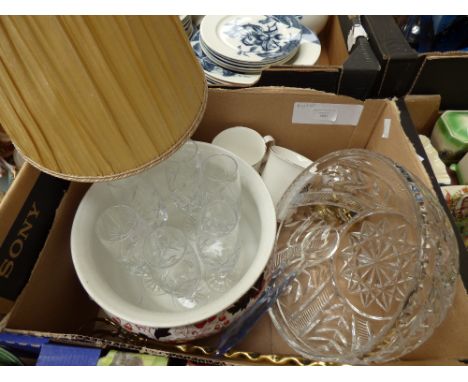 A cut glass salad bowl and blue cut glass servers, six cut glass champagne flutes, chamber pot, Aynsley small clock and cruet