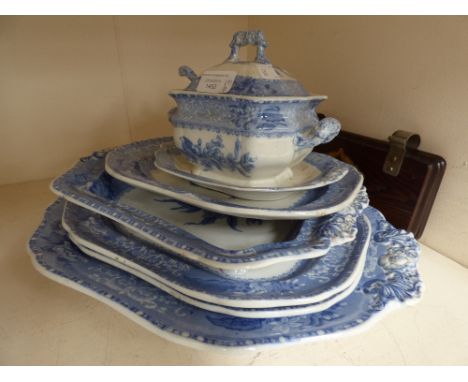 A Spode Camilla Copeland pattern blue/white dinner service - serving dishes (6) and a Victorian press 
