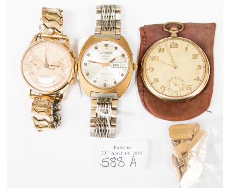 A pair of 9ct gold cufflinks - 11 grams approx and a Temp gold plate pocket watch; An 18k gold backed wristwatch; and a Sekon
