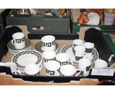 A Susie Cooper for Wedgwood 'Keystone' six place coffee and tea set comprising of cups, saucers, side plates, cake plate, mil