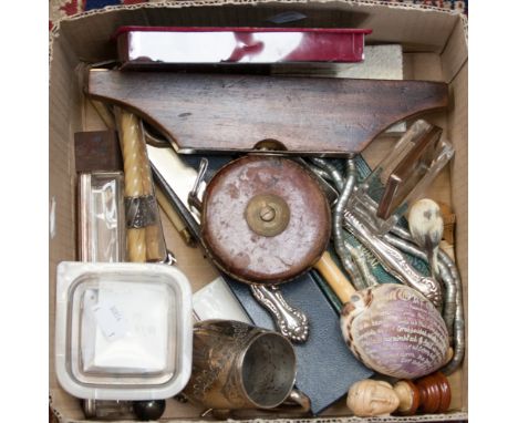 A box of EPNS items including boxed menu card holders, architectural surveyors hand book 