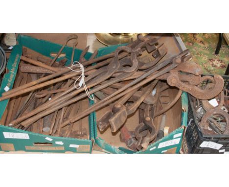 A collection of Blacksmith's tools, probably dating to the early 20th century, horse shoes, etc (3 boxes and a group)