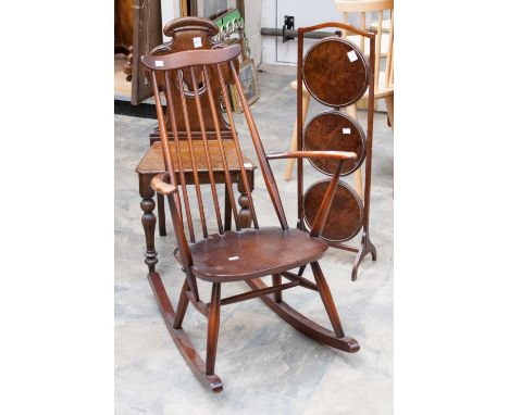 A collection of furniture, comprising Ercol rocking chair, a Victorian hall chair and a folding cake stand, (3)