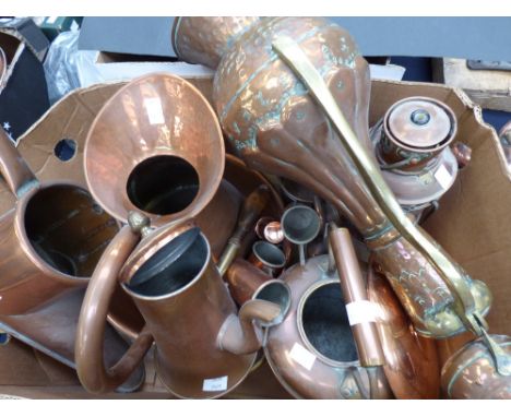 Copperware to include shipper jug, chocolate pot, lamp and North African coffee pot. One box