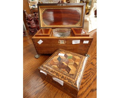 A large sarcophagus style tea caddy with glass mixing bowl and a marquetry jewellery box 