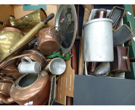 A brass Art Nouveau pitcher with a box of metalware, four farming tools, cased multimeter, etc 