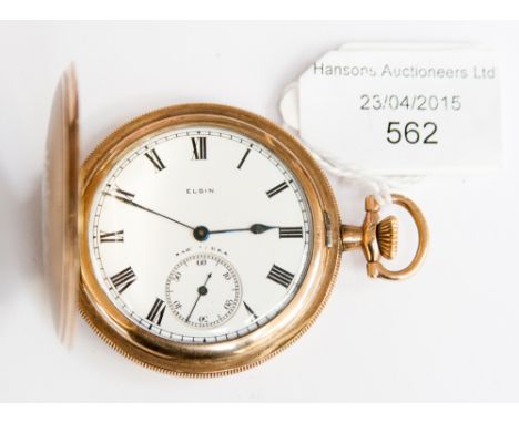 A gilt metal 'Elgin' American hunter pocket watch, the case engine-turned, with enamel dial with subsidiary second dial