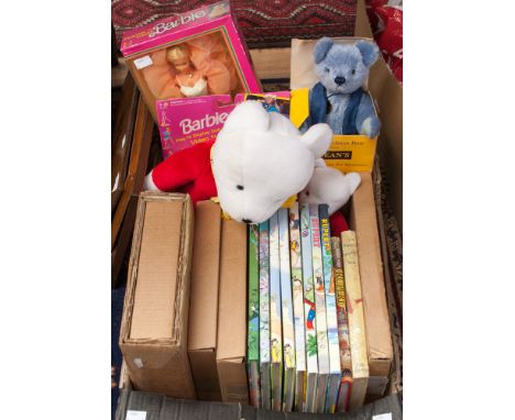 A box of Rupert Bear related items, including annuals, soft toys, Wedgwood plate, etc; together with boxed Mattel 'Peaches 'N