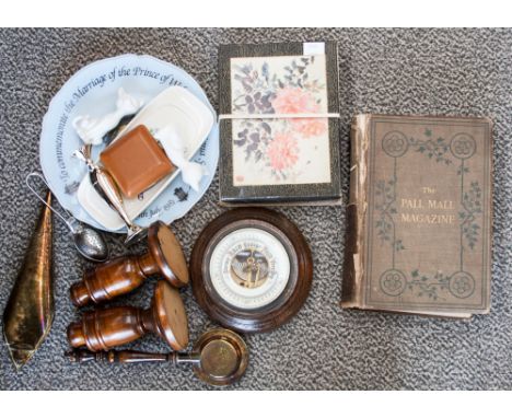 A parcel lot to include barometer, cigarette cards, brassware, etc and a box of ephemera to include Railway and Aircraft book