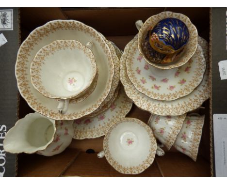 An Edwardian part tea-service together with a Royal Crown Derby Imari owl paperweight, silver stopper (af)