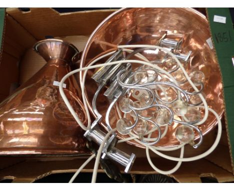 A copper wash jug and basin and a pair of art deco candlesticks