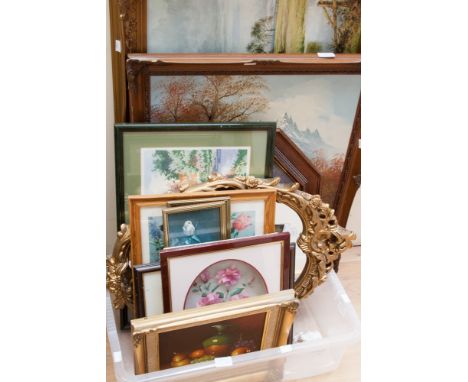 A gilt frame mirror, tapestry, prints, oil, etc (one box and two large pictures) 