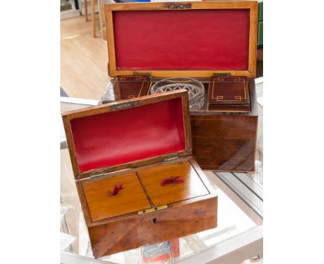 An early 19th Century rosewood tea caddy, enclosing two hinged boxes and mixing bowl (not original) a domed top walnut tea ca