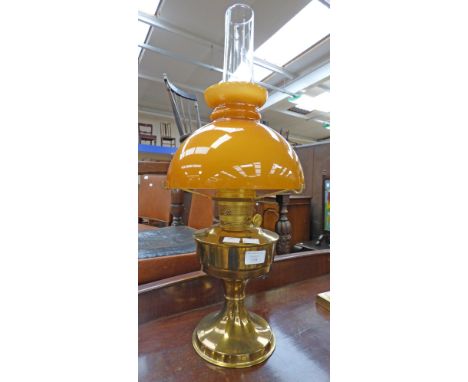 A Victorian style brass oil lamp, complete with glass funnel and shade 