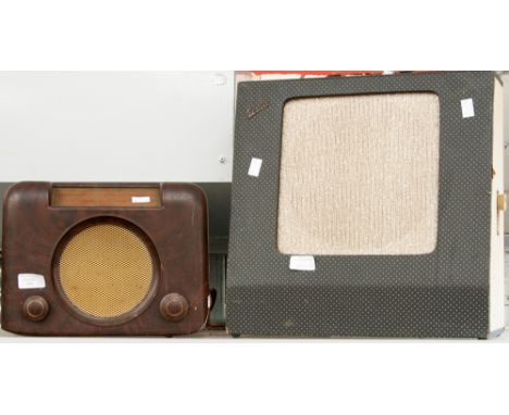 A Bakelite radio (brown) Bush and a 1950s speaker system, Dallas London in carry case (2) 