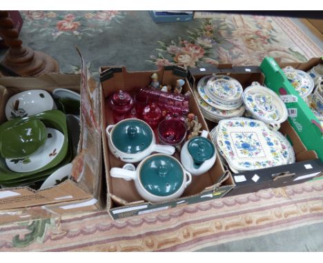 Four boxes of ceramics to include Masons, Regency dinner service, Midwinter, Denby, Goebel figures and Cranberry glass 