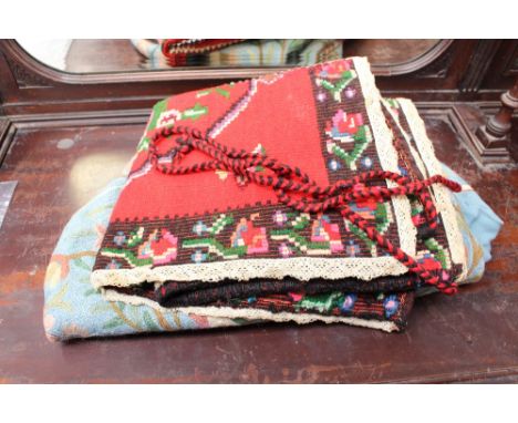 A hand made tapestry style Yugoslavian traditional apron, with an Indian hand made woollen pofe cover (2) 