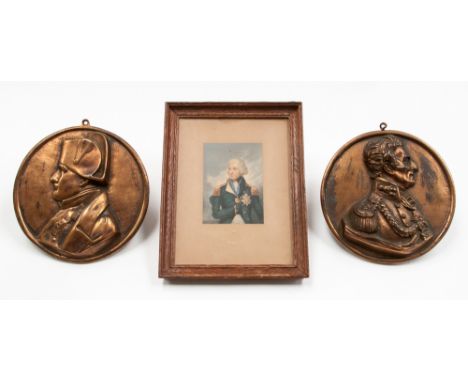 A pair of cast metal portrait plaques of Wellington and Napoleon in profile, topgether with a Baxter print of Nelson (3)