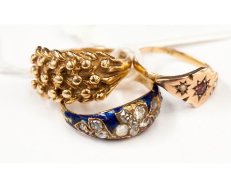 A Victorian blue enamel and diamond ring, having old cut diamonds in floral mount (af) together with two other gold rings, on