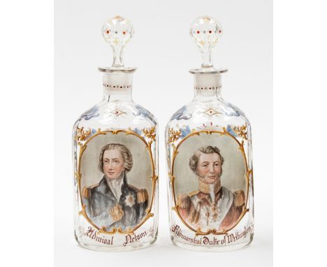 A 19th century Bohemian enamelled glass decanter with central portrait of Admiral Nelson, within a multi-coloured foliate gro
