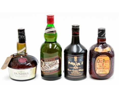 Dunhill Old Master whiskey, number C99847, Black Bottle scotch whiskey, Grand Old Parr 12 year old De Luxe, Maximis 12 year o