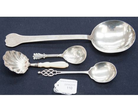 A silver caddy spoon, Maker George Vinte, possibly inter handle, together with 3 other spoons