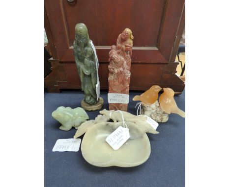 A collection of five Oriental carved stone items, comprising jade frog, pair of tits, soapstone tray, marble figure group in 