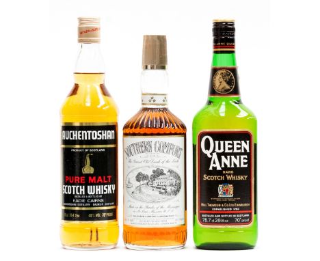Auchentoshan pure malt whisky, Queen Anne rare scotch whisky and a bottle of Southern Comfort