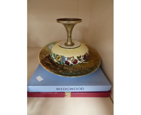 An early 20th Century fruit bowl and stand, a Bossom Hunting plaque, M and S Centenary plate, two other plates 