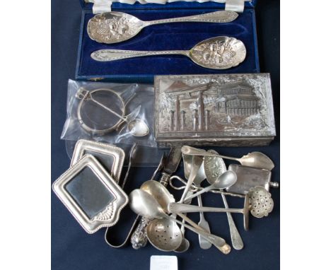 A Japanese, silver on copper cigarette box, two picture frames, silver plated perfume bottle, boxed spoons, silver bangle and