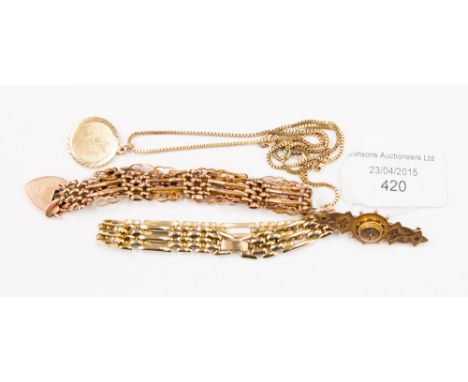 A 9ct gate link bracelet; 9ct brooch; gold plated bracelet and pendant (4) 