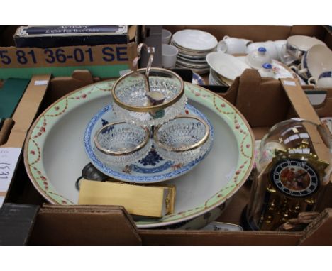 A box of ceramics and clocks to include a Japanese Imari bowl, a Kundo Anniversary clock, a Swiza mantel clock, wash bowl, (s