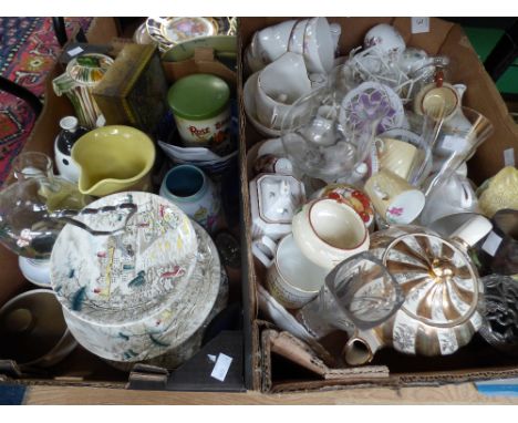 A large collection of ceramics and glassware, including Victorian dinner wares, Stoneware, glass oil lamp shades, vintage spi