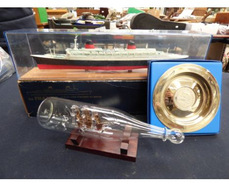 A boxed model of S.S. France - the largest liner in the world, with a boxed glass Galleon and a Felixstow trinket tray (3) 