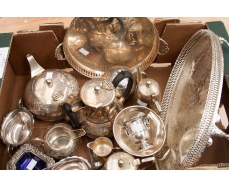 An EPNS Sheffield four piece tea service - Edwardian, two gallery trays, cigarette dispenser, mustard dish with liner, fruit 