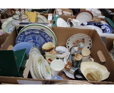 A box of assorted ceramics, including Royal Albert, Royal Doulton, Toby jugs, Wedgwood Jasperware, Masons, Spode, etc (three 