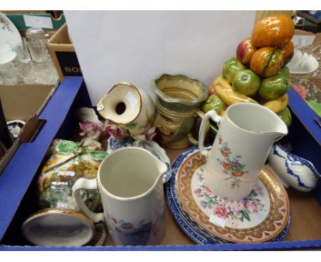 Two Belgium ceramic, decorative jugs, etc, a Toby jug of William I Kingston pottery, collection of blue/white ware and two Bu