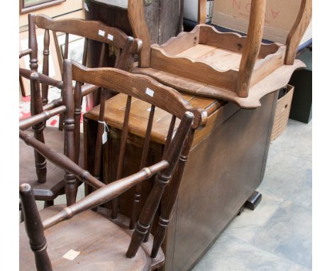 A collection of furniture, comprising an oak drop leaf table, four dining chairs, an oak nest of tables, an onyx standard lam