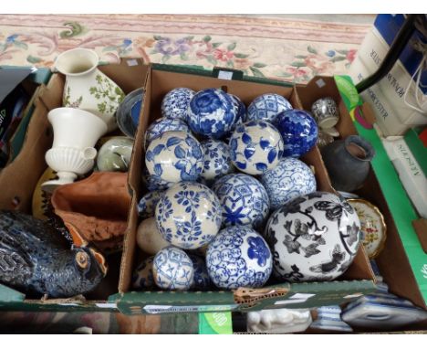 Three boxes of assorted ceramics, including Poole, lusterware, Wedgwood, Studio pottery, assorted ceramic balls and eggs, etc