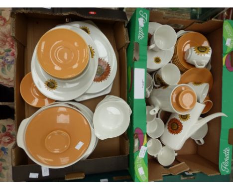 A J & G Meakin studio in a sunflower pattern breakfast set including; Two coffee pots, tureens, bowls, tea and coffee cups, p