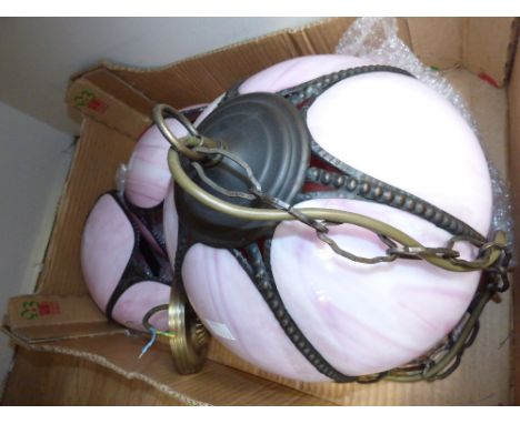 An Art Deco pink tinted glass light fitting and two side lights