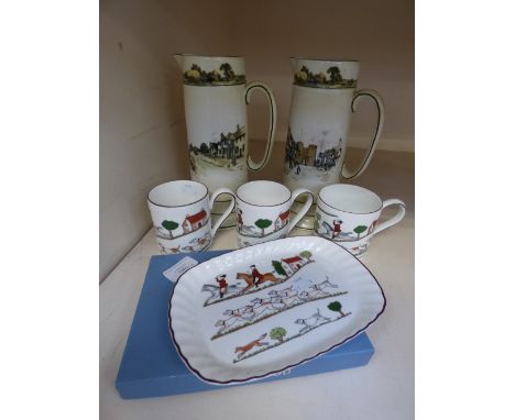 Wedgwood "hunting scenes" 1991. Mugs (3) and a boxed small serving dish. Together with a pair of Ridgways "coaching days" tal