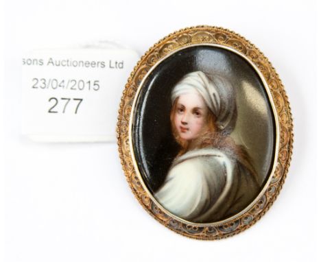A late 19th Century oval miniature plaque within a gilt metal brooch mount, painted with a portrait of a classical lady, 4.5 